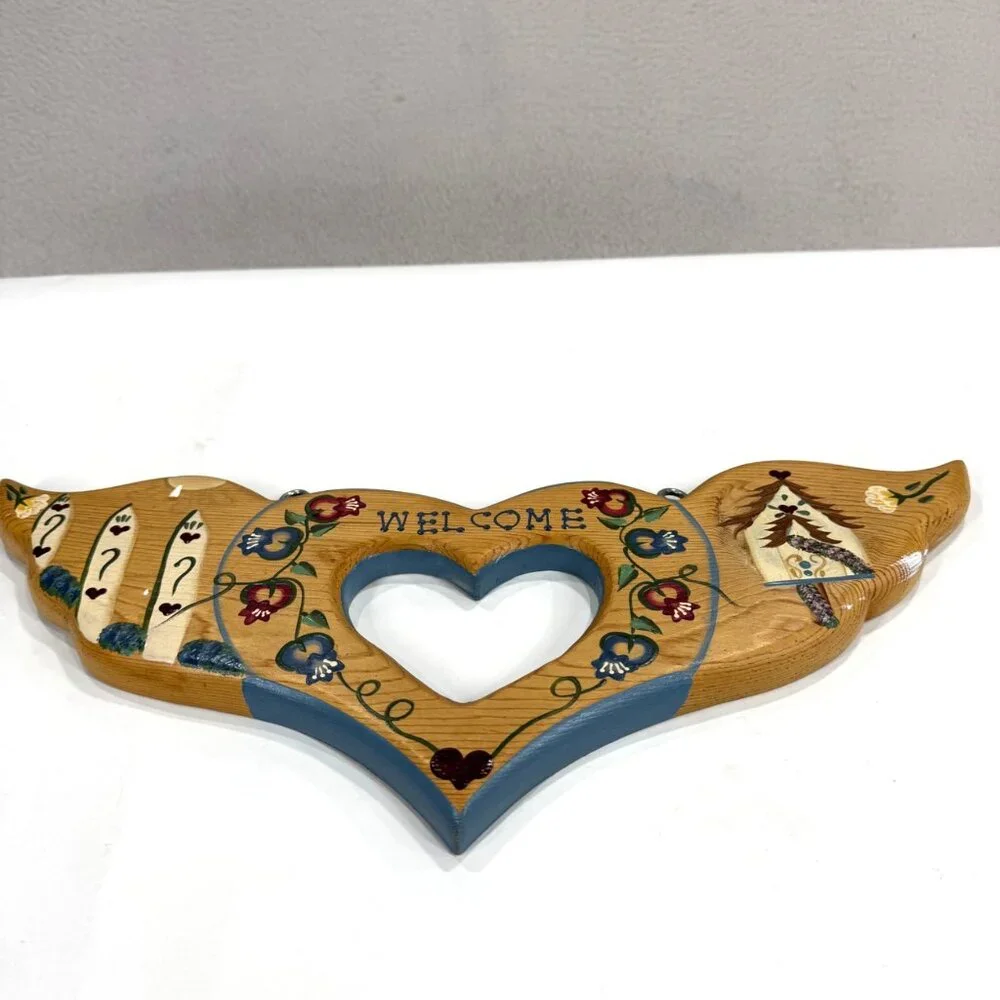 Vintage Hanging Welcome Sign Heart Painted Folk Art Floral Mexico Handcrafted
